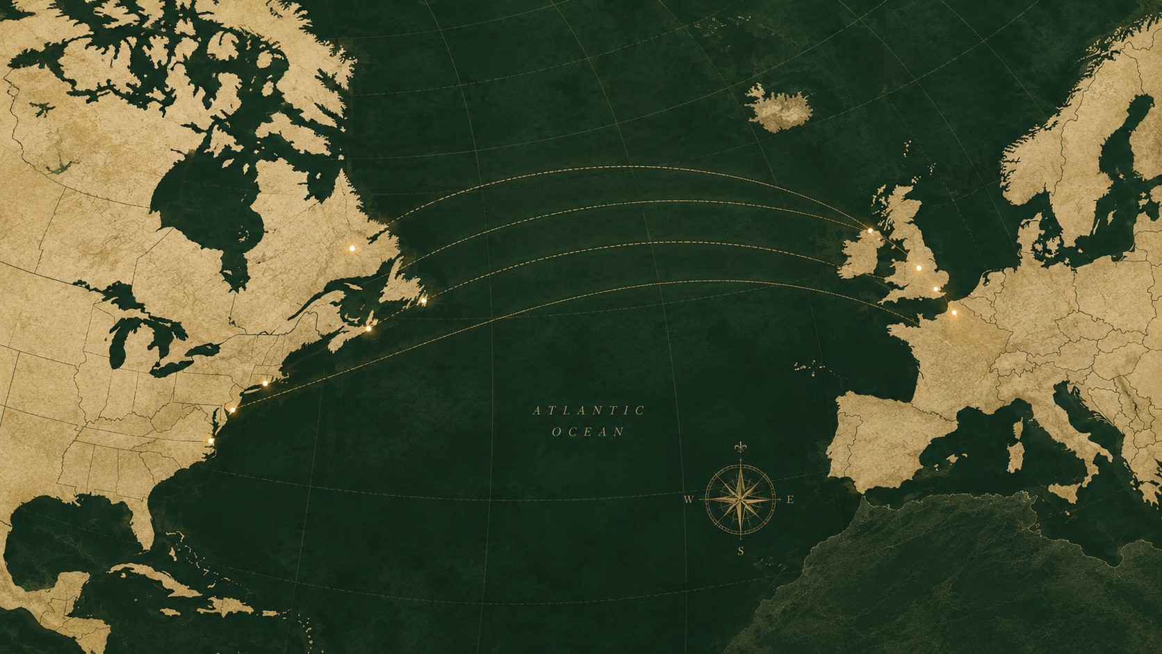 Vintage Atlantic map showing routes between Canada, the United States, the United Kingdom and Europe
